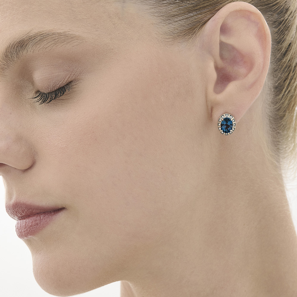 עגילי זהב אצילי, טופז כחול ויהלומים ARENA קטנים